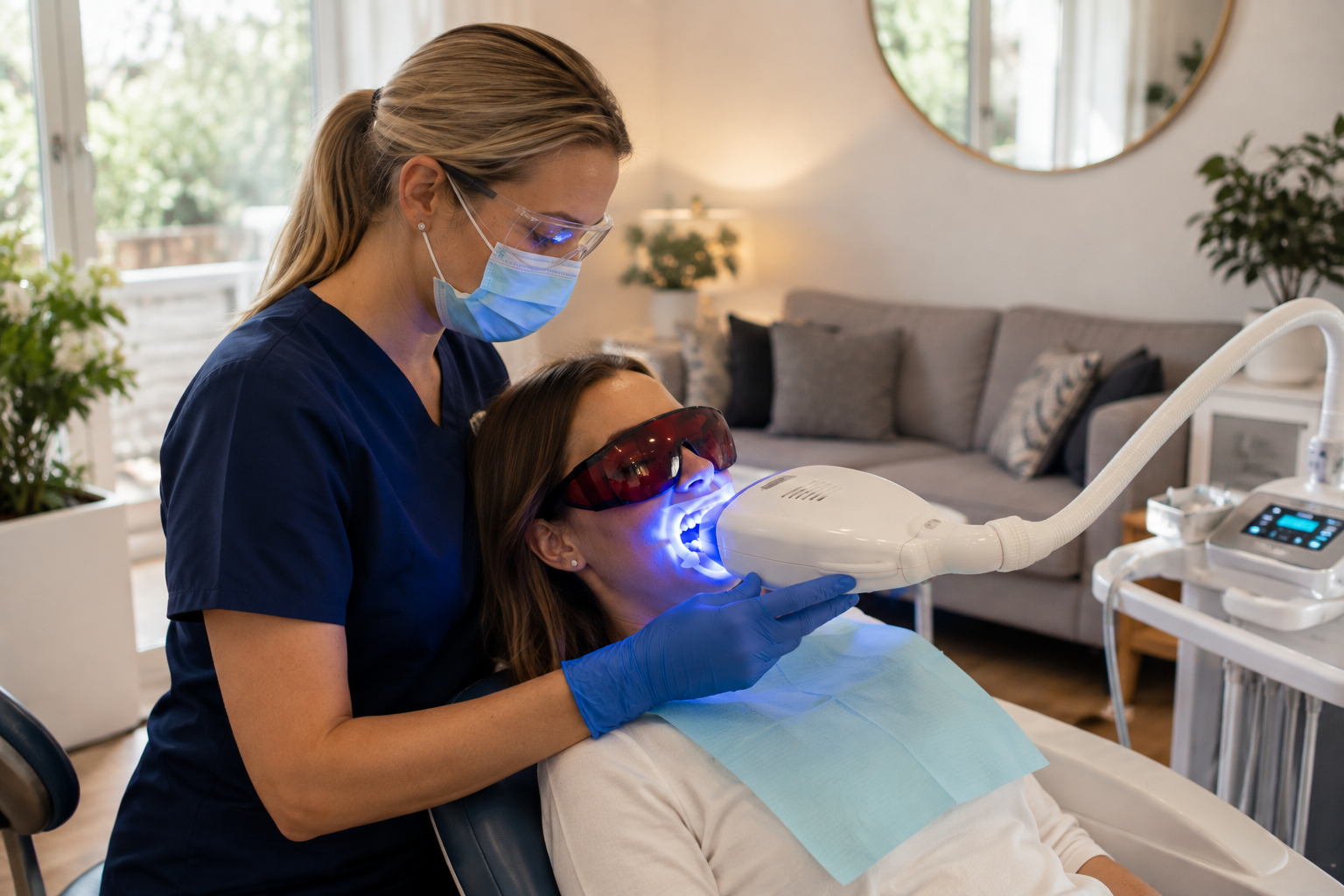 Home based professional teeth whitening appointment set up in a client living room with portable dental equipment